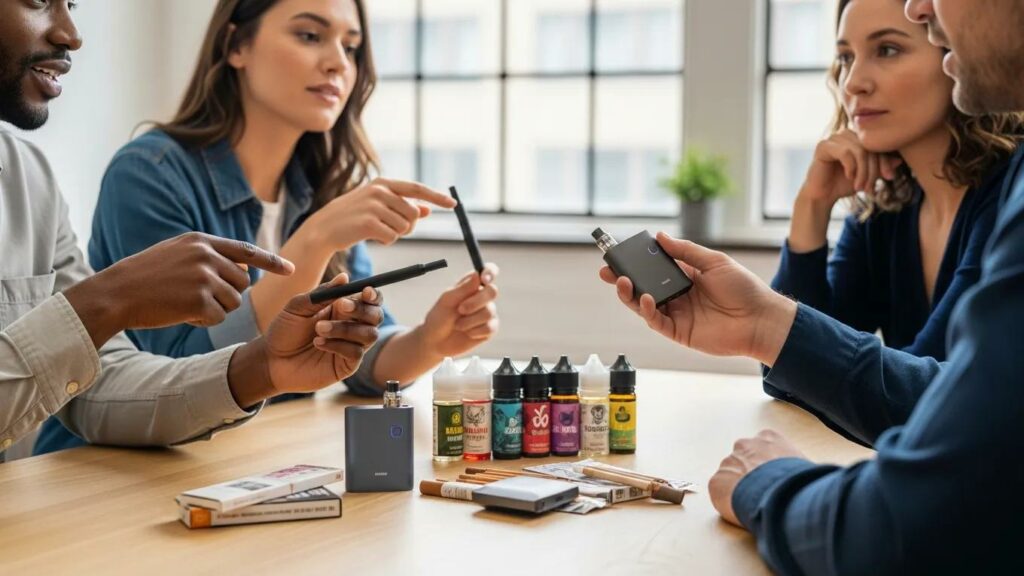 Diverse adults discussing nicotine products, emphasizing consumer rights and informed choices in the nicotine market