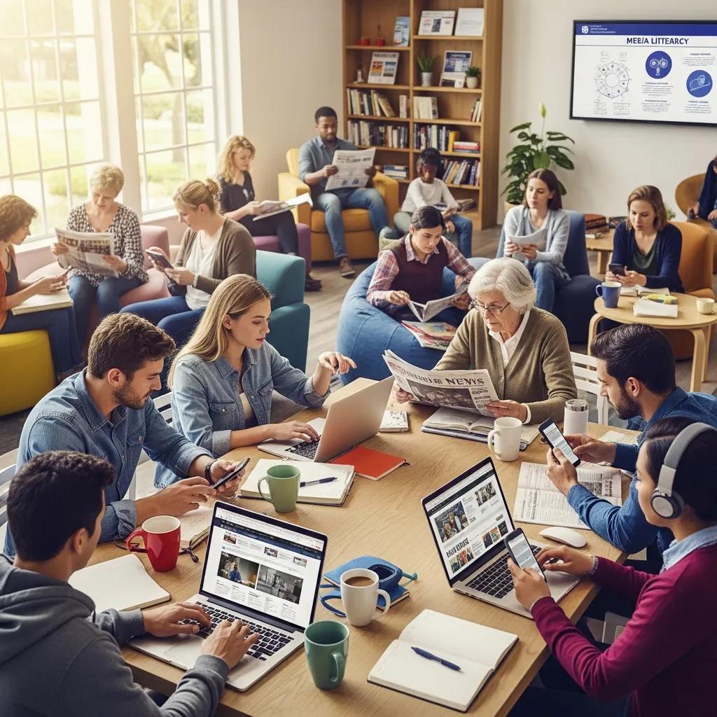 Diverse group discussing media literacy and fact-checking techniques