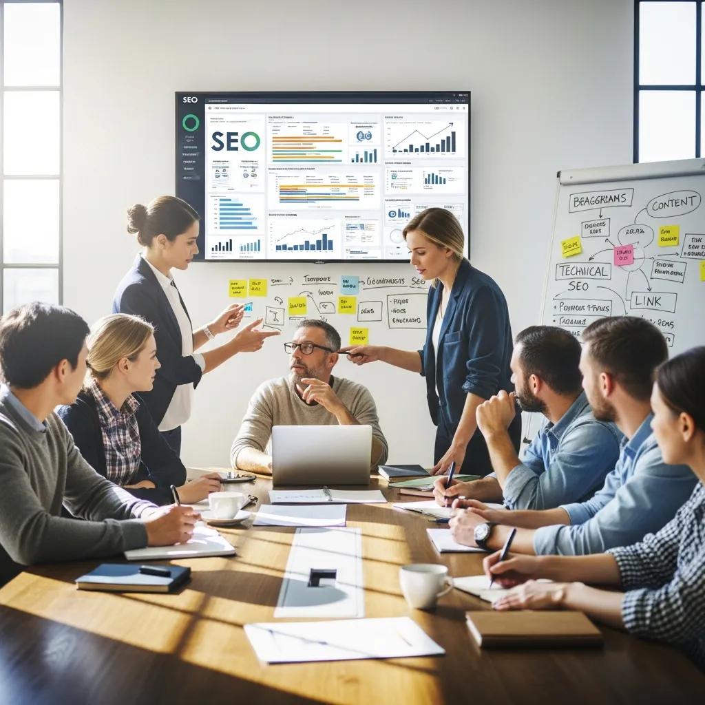 Diverse professionals discussing SEO strategies in a collaborative meeting