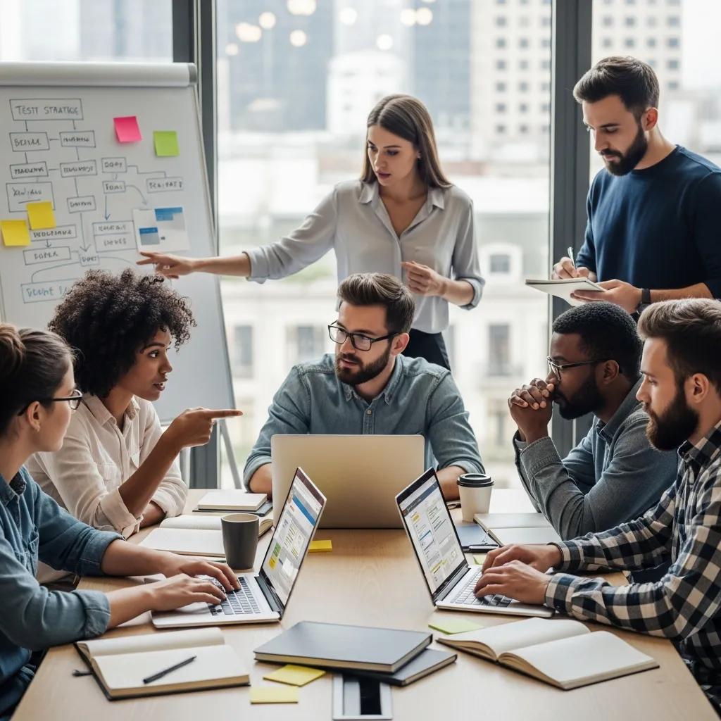 Diverse software testers collaborating on manual testing strategies in a modern office