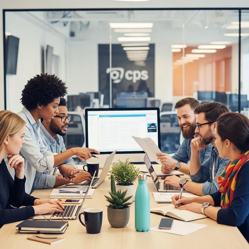 Diverse team collaborating in a modern workspace, representing onboarding and teamwork in a tech environment