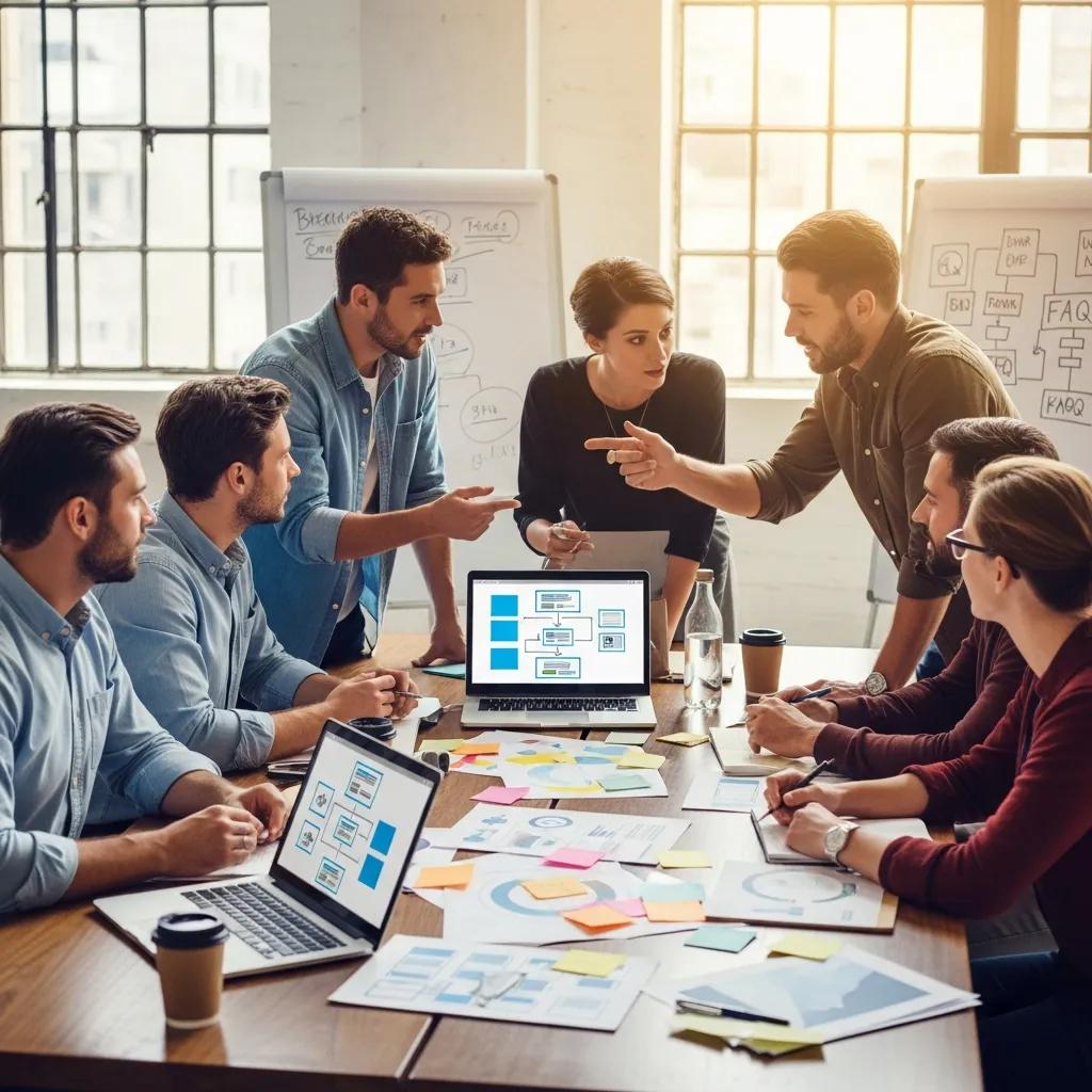 Diverse team collaborating on designing an effective FAQ hub