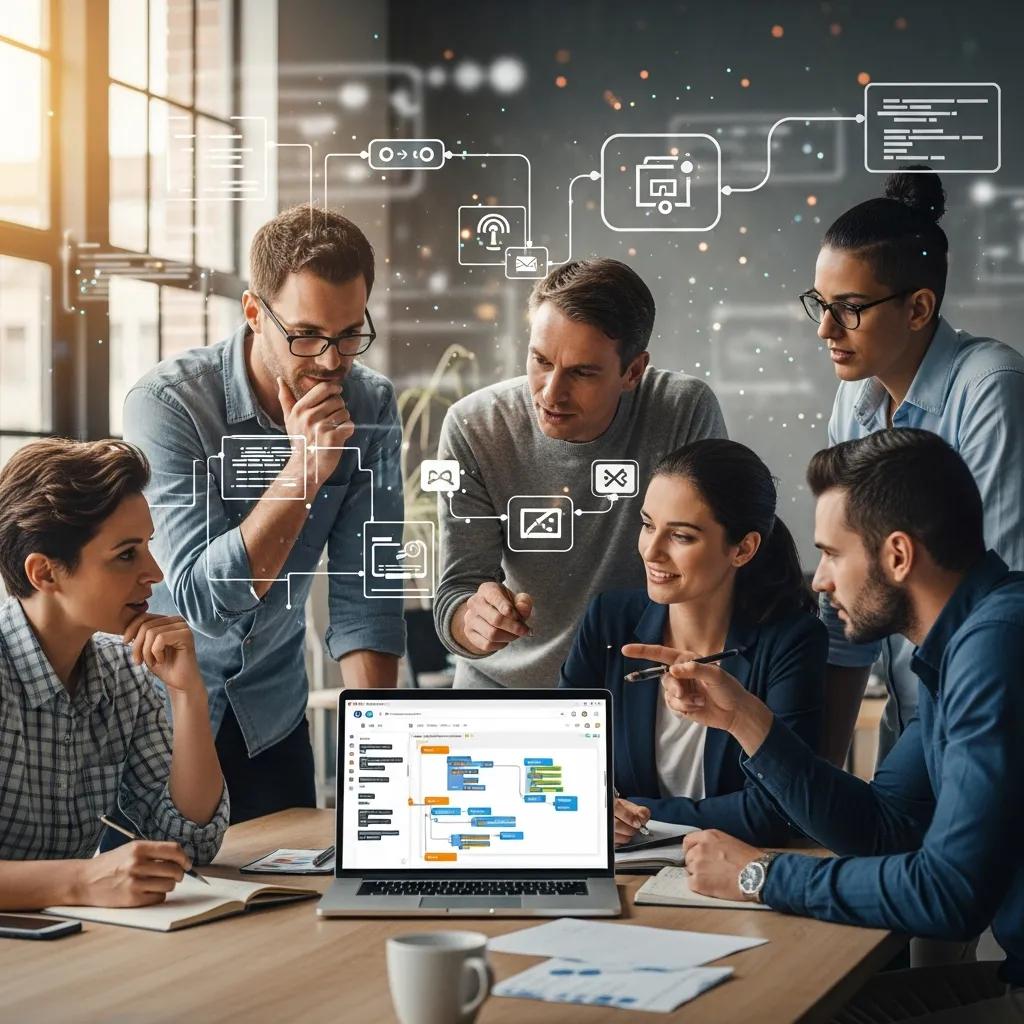 Diverse team collaborating on low-code app development around a laptop