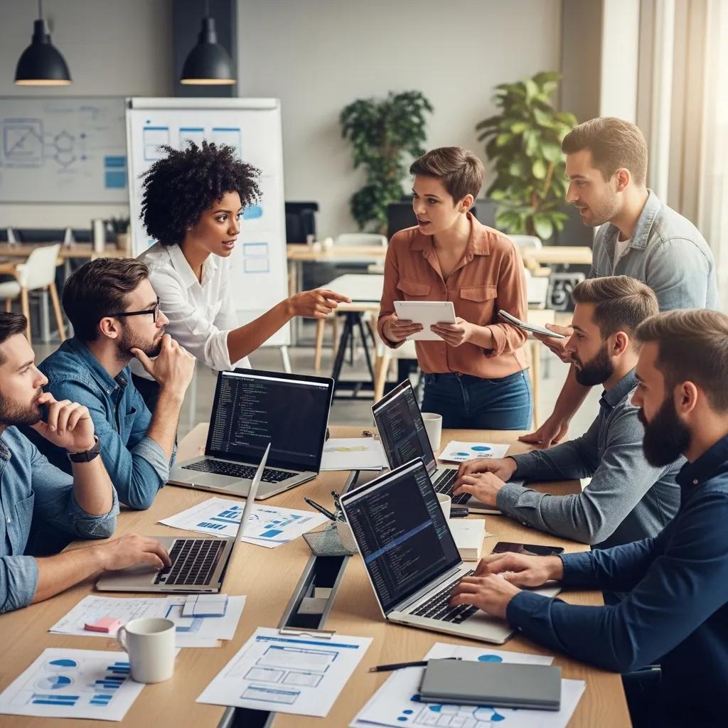 Diverse tech professionals collaborating on software development in a modern office