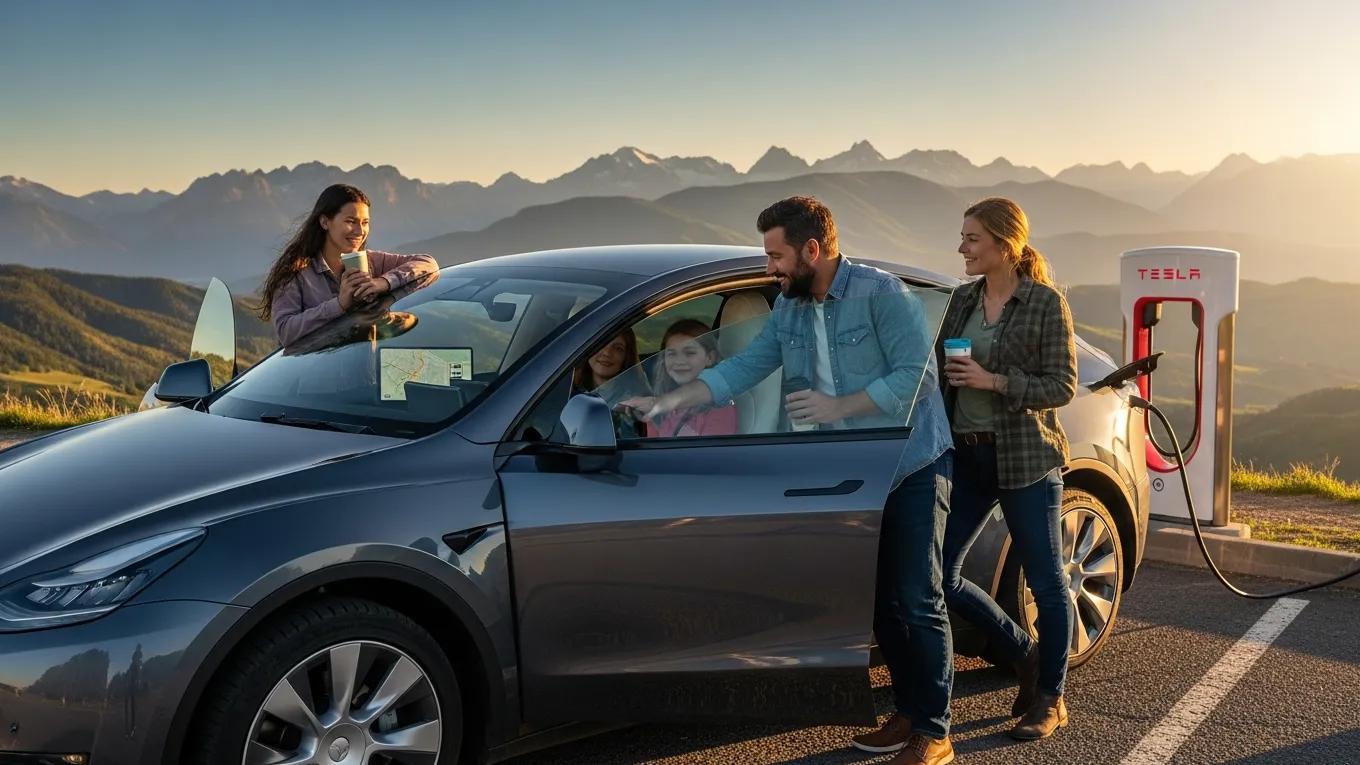 Family enjoying a Tesla electric vehicle in a scenic outdoor setting, highlighting business growth