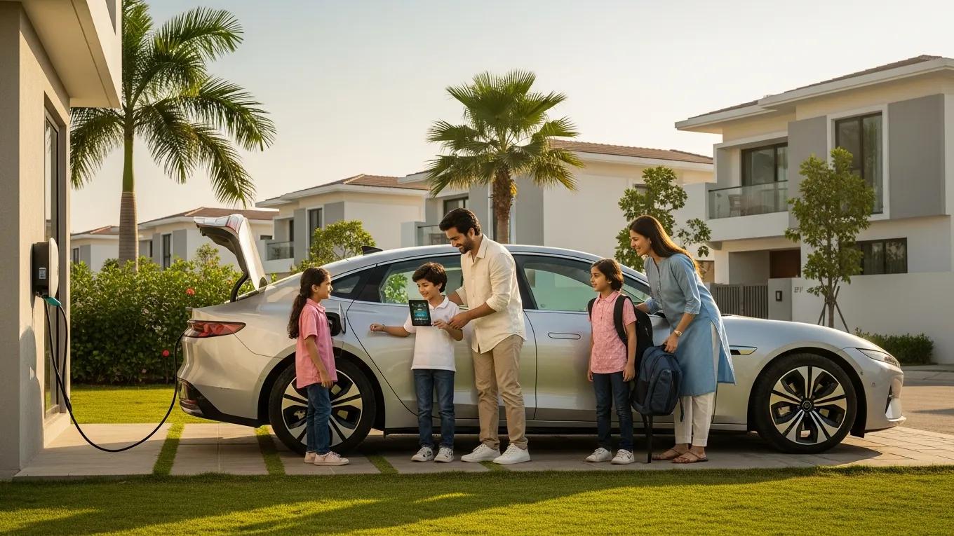 Family enjoying their electric vehicle at home, representing reliable EV ownership in Pakistan