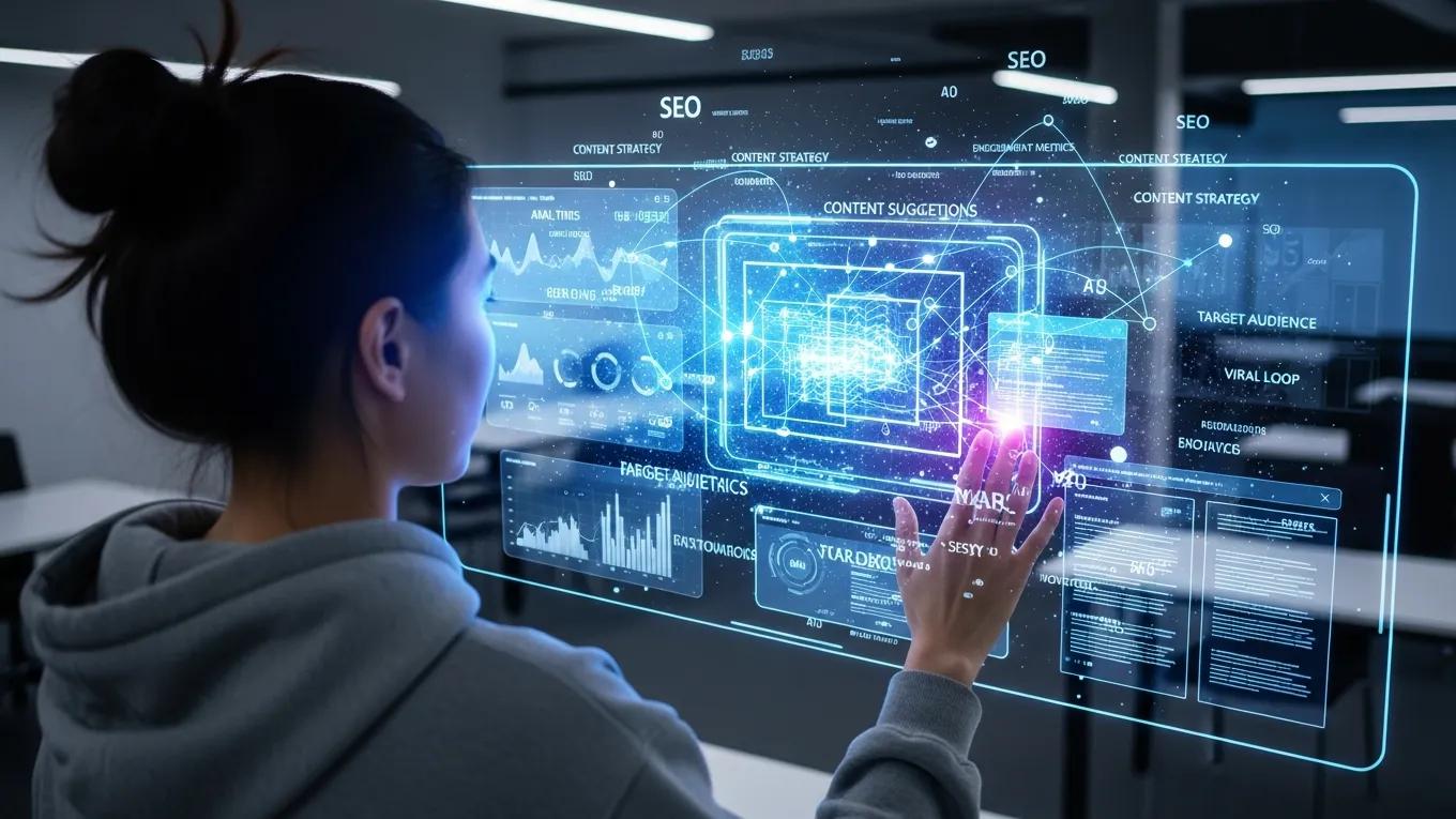 Futuristic AI interface assisting in content creation and optimization