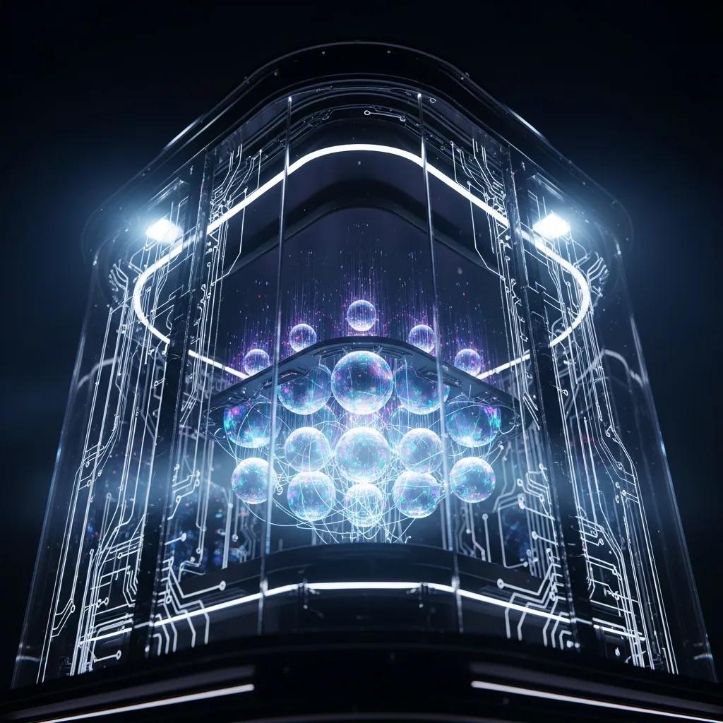 Futuristic quantum computer setup with glowing qubits and intricate circuitry