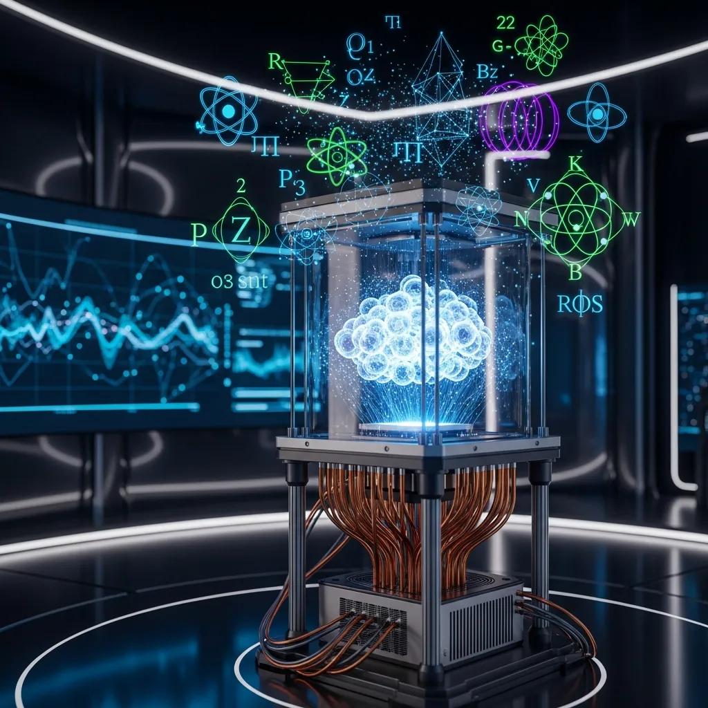 Futuristic quantum computing setup with glowing qubits and abstract symbols