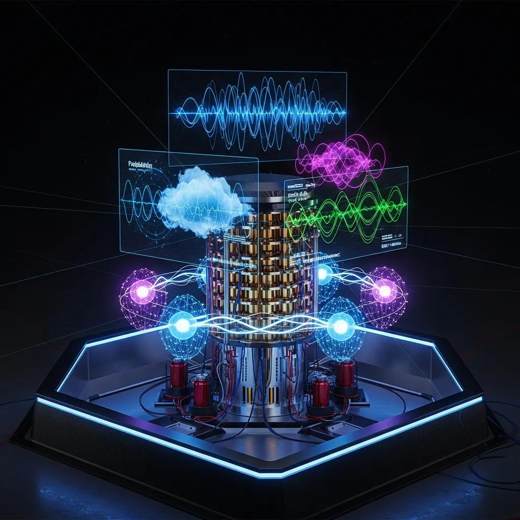 Futuristic quantum computing setup with glowing qubits and abstract visuals