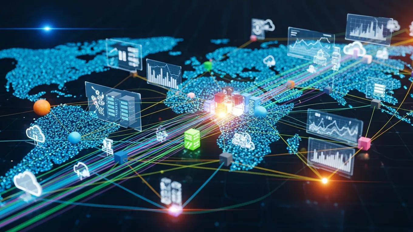 Global network of microservices illustrating scalability with interconnected nodes and data streams