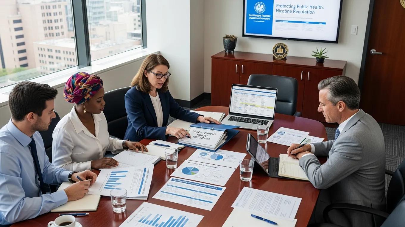 Government officials reviewing regulations for nicotine products, emphasizing consumer protection and regulatory frameworks