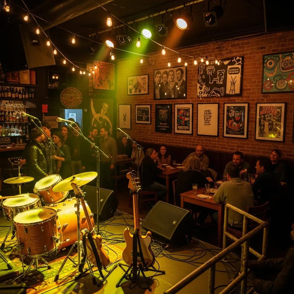 Interior of a local music venue with stage and instruments ready for a performance