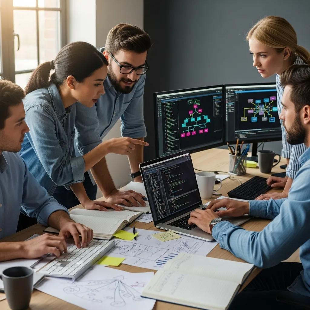 IT team collaborating on software development, emphasizing teamwork and technical expertise