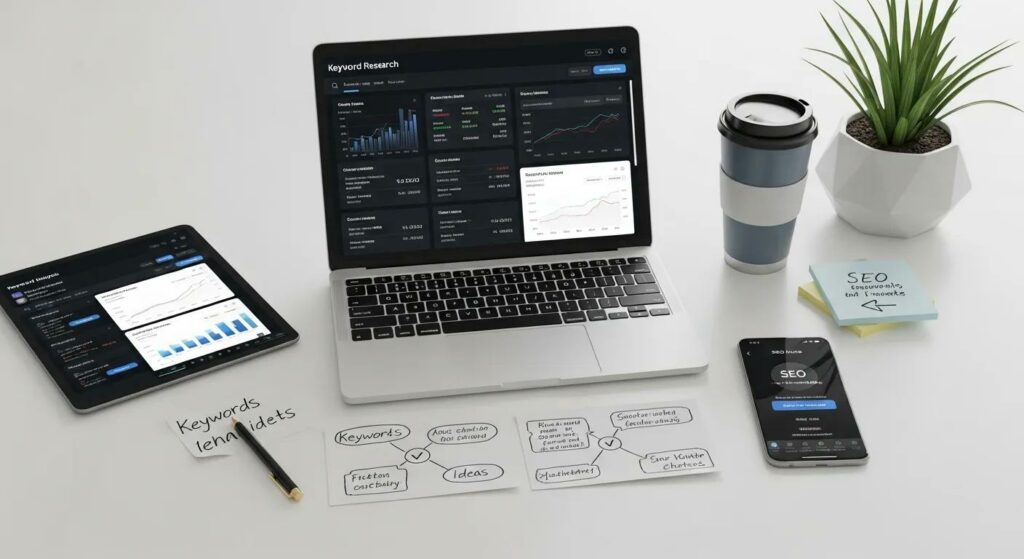 Keyword research tools and modern workspace for SEO in 2026