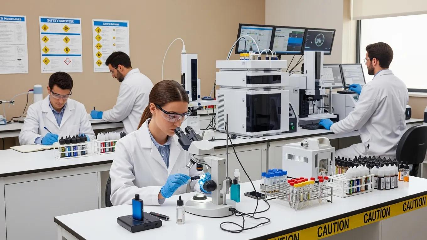Laboratory professionals conducting safety tests on nicotine products, highlighting quality assurance and testing processes