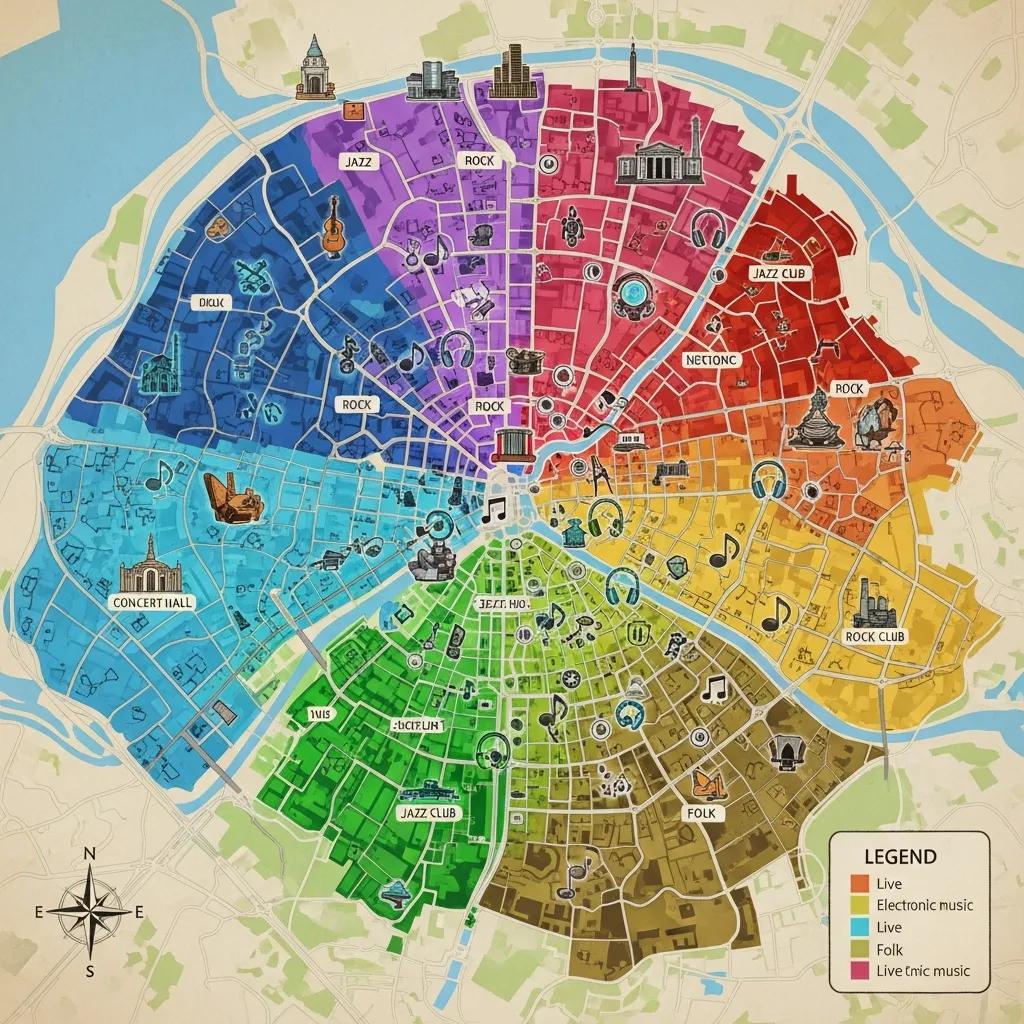 Map showcasing neighborhoods with local music events and genres