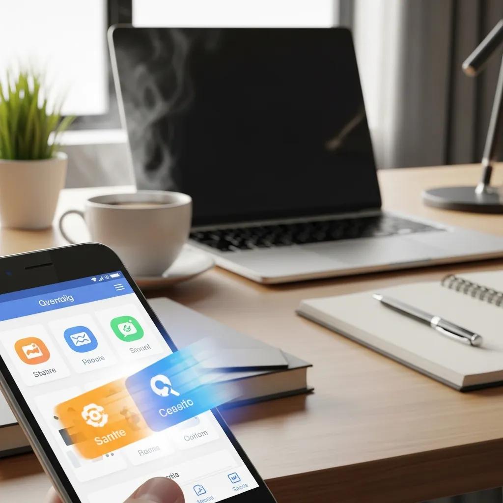 Mobile app interface on a smartphone in a modern workspace