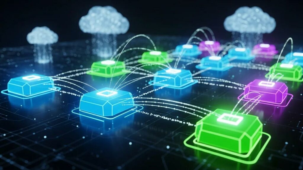 Modern digital architecture illustrating microservices with interconnected components and cloud computing elements