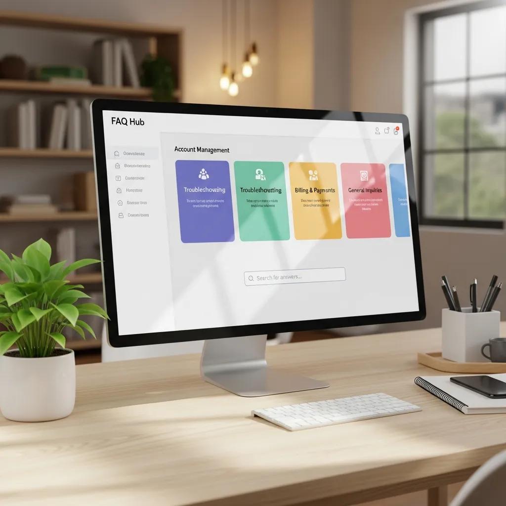 Modern FAQ hub interface displayed on a computer screen in a cozy workspace