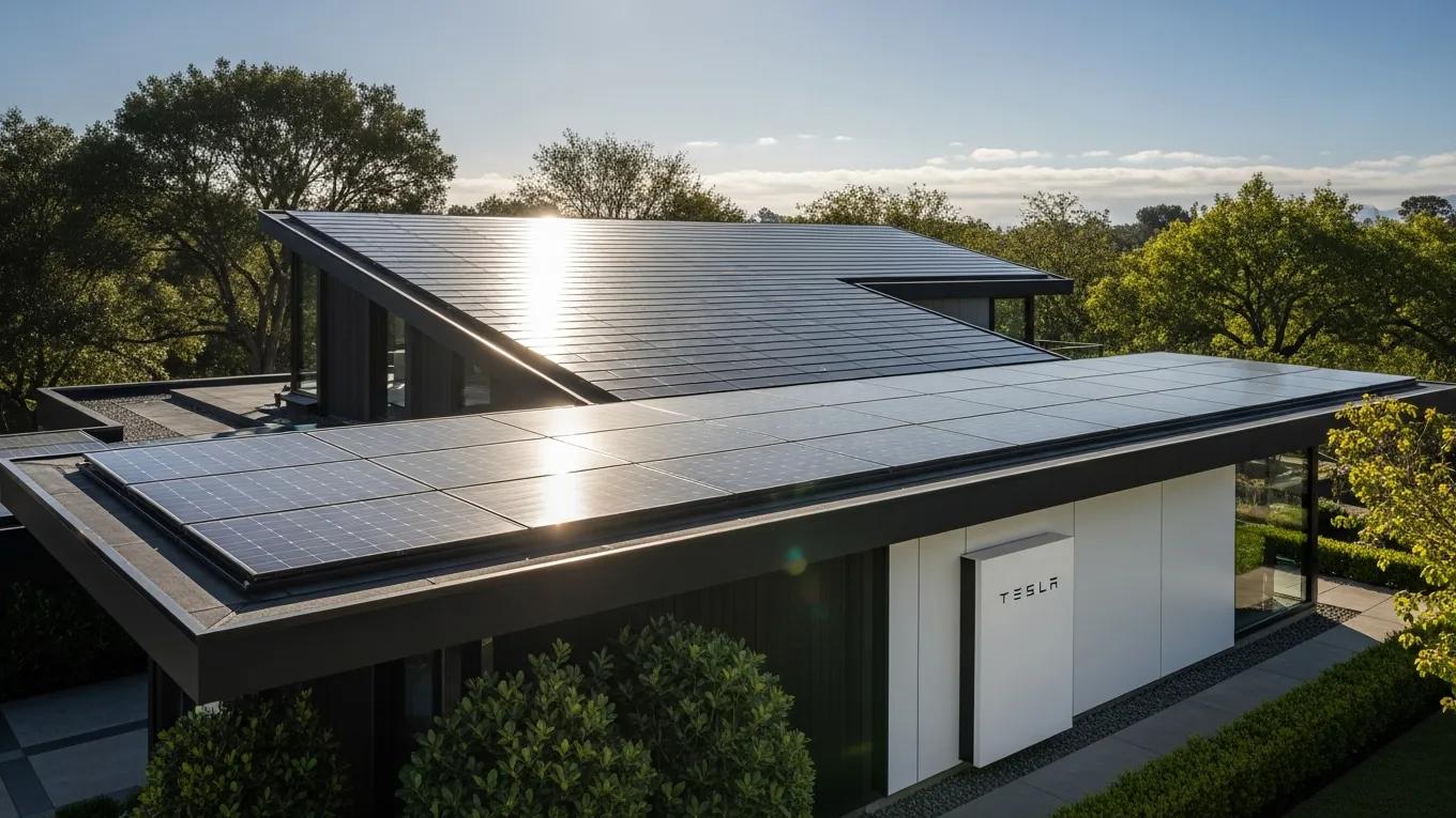 Modern home with Tesla Solar Roof and Powerwall, showcasing sustainability and innovation