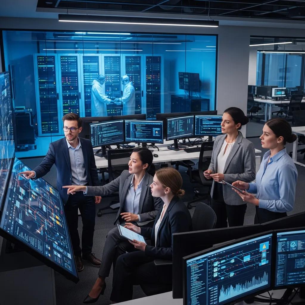 Modern office scene illustrating cybersecurity practices with professionals discussing data protection