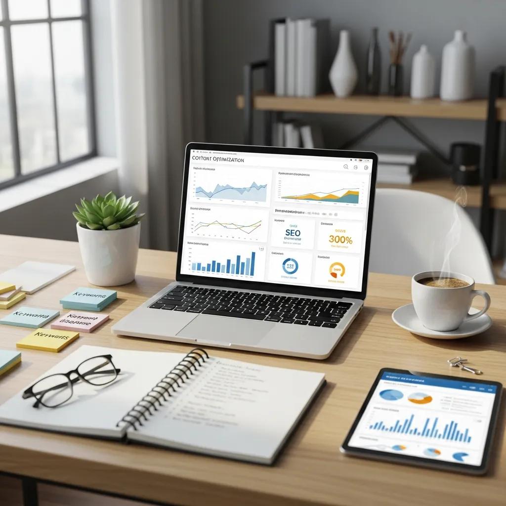 Modern workspace with a laptop showing content optimization tools, enhancing SEO strategies