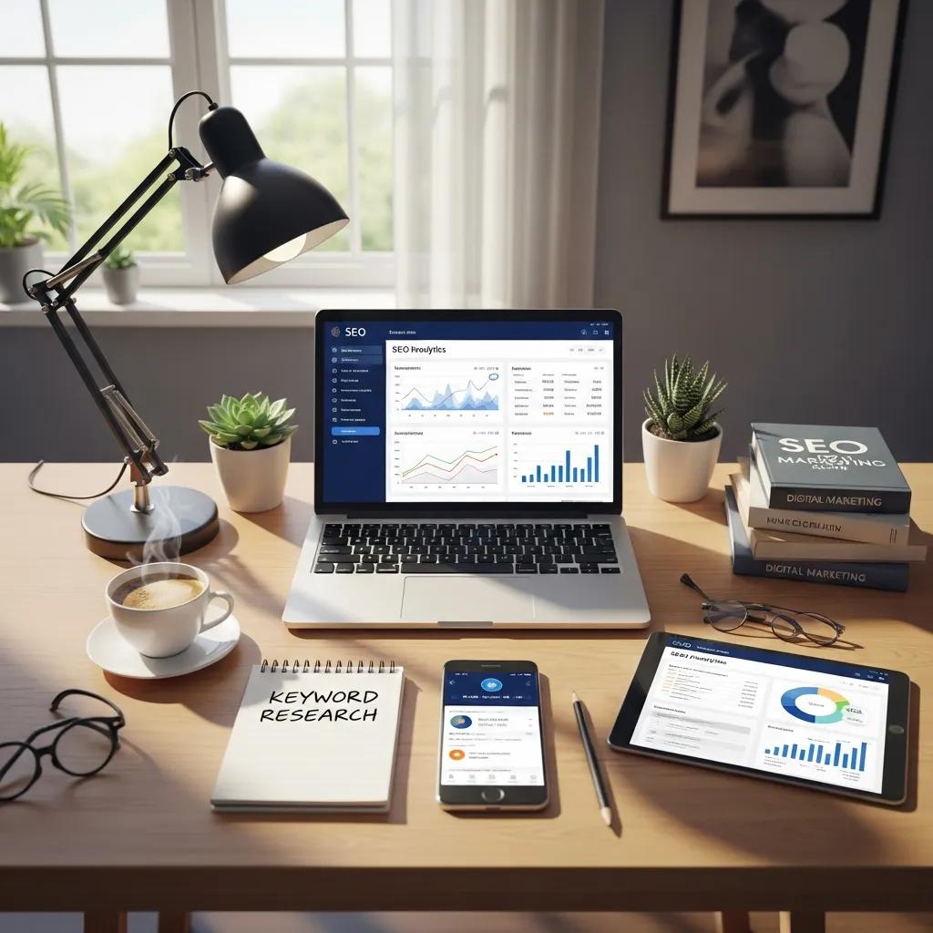 Modern workspace with SEO tools and analytics on a laptop, representing AI-powered SEO strategies