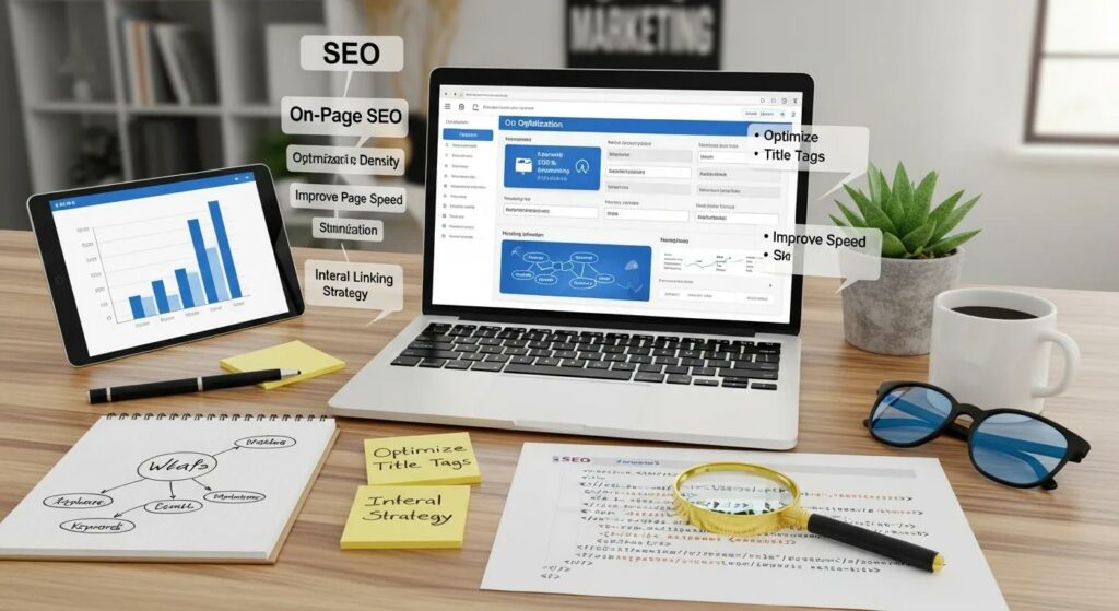 On-page SEO workspace with laptop and optimization tools, emphasizing digital marketing strategies