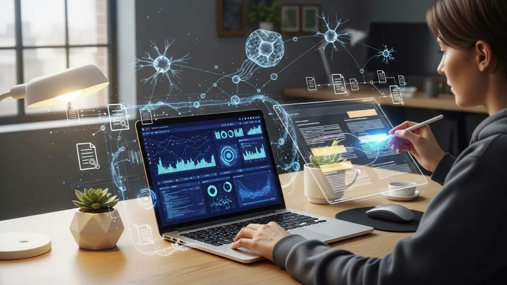 Person analyzing documents with AI technology in a modern workspace