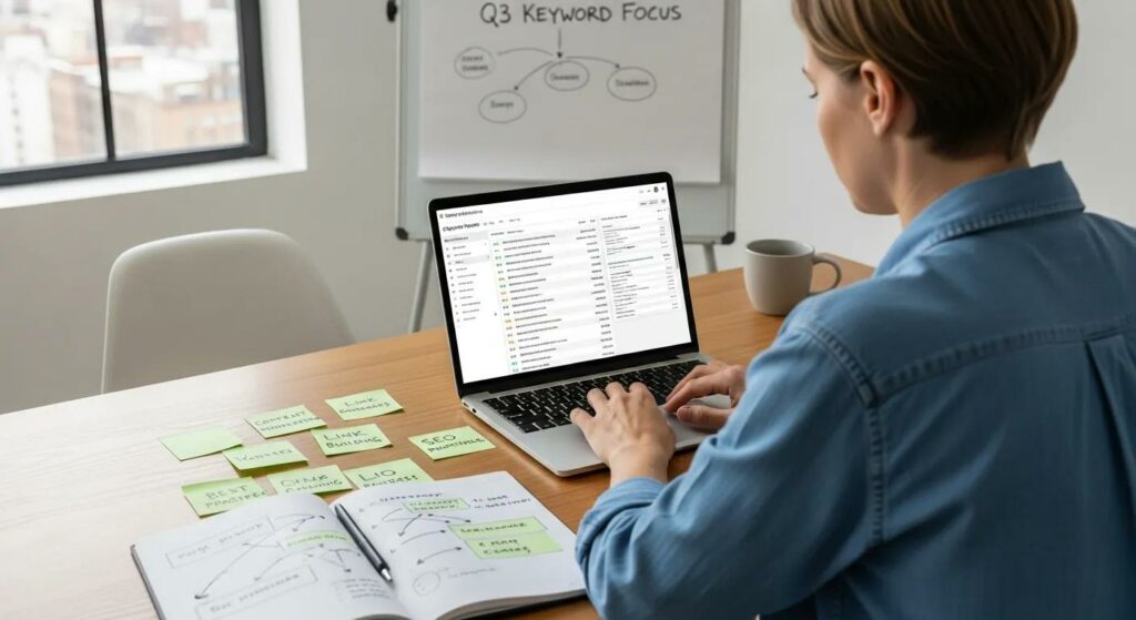 Person analyzing SEO keywords on a laptop in a modern office setting