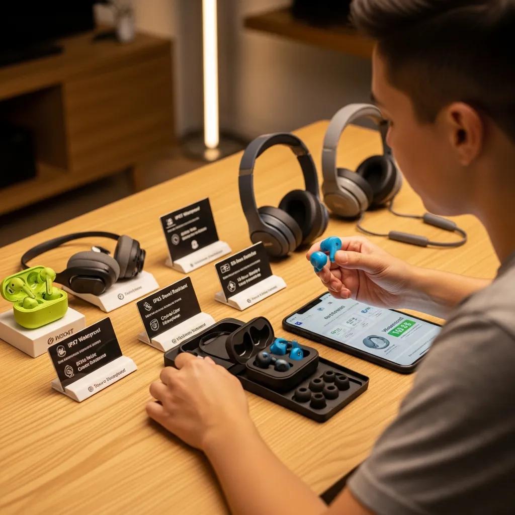 Person comparing various sport headphones, showcasing features like waterproof ratings and microphone quality