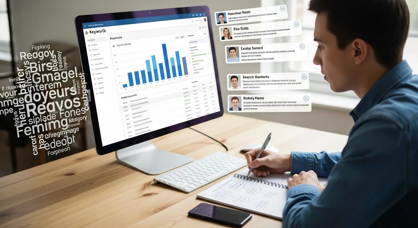Person conducting keyword research with computer and notepad, highlighting search intent analysis