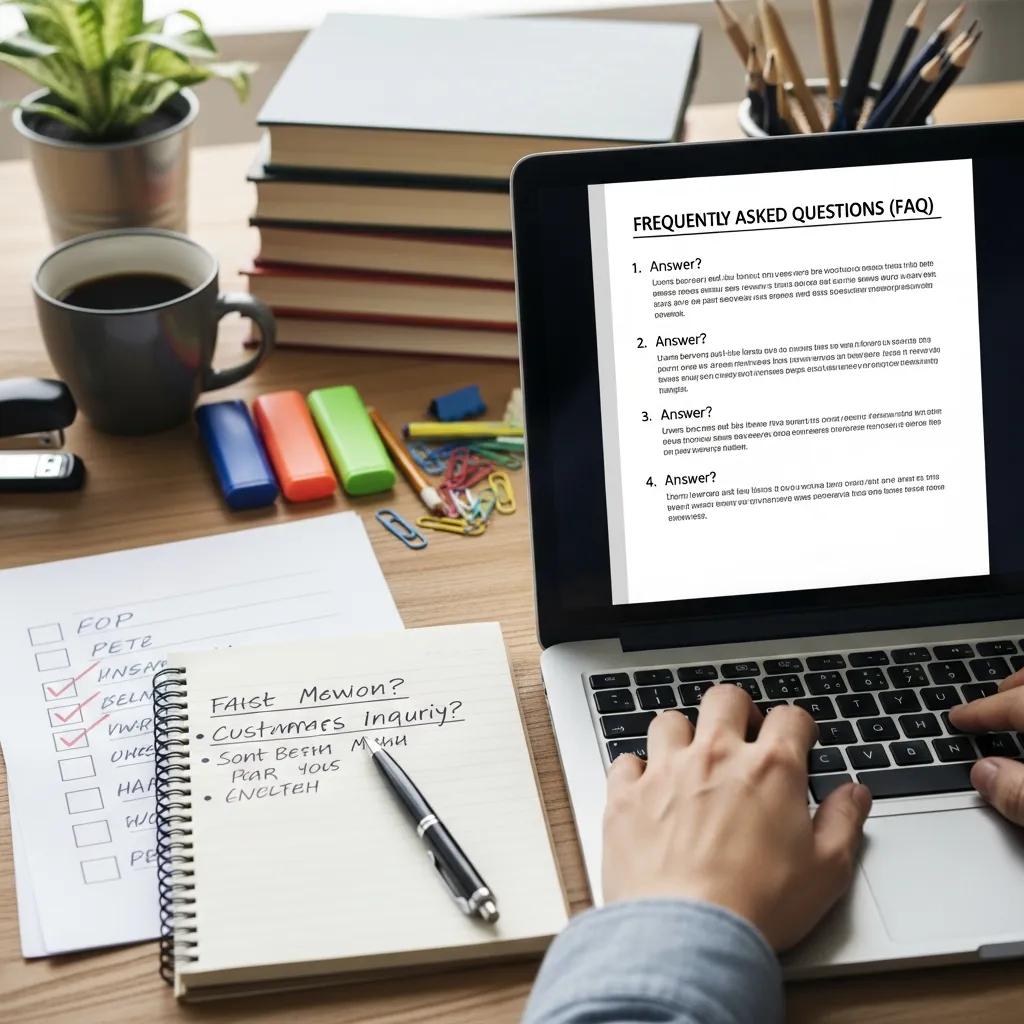 Person drafting an FAQ section on a laptop with notes and checklist