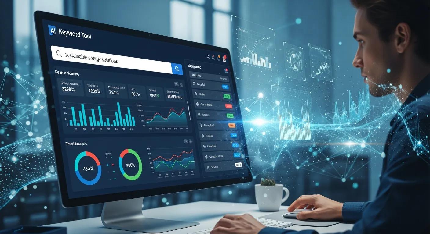 Person using an AI-powered keyword tool on a computer screen