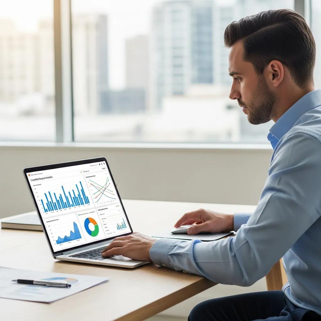 Professional analyzing competitive keyword insights on a laptop in a bright office