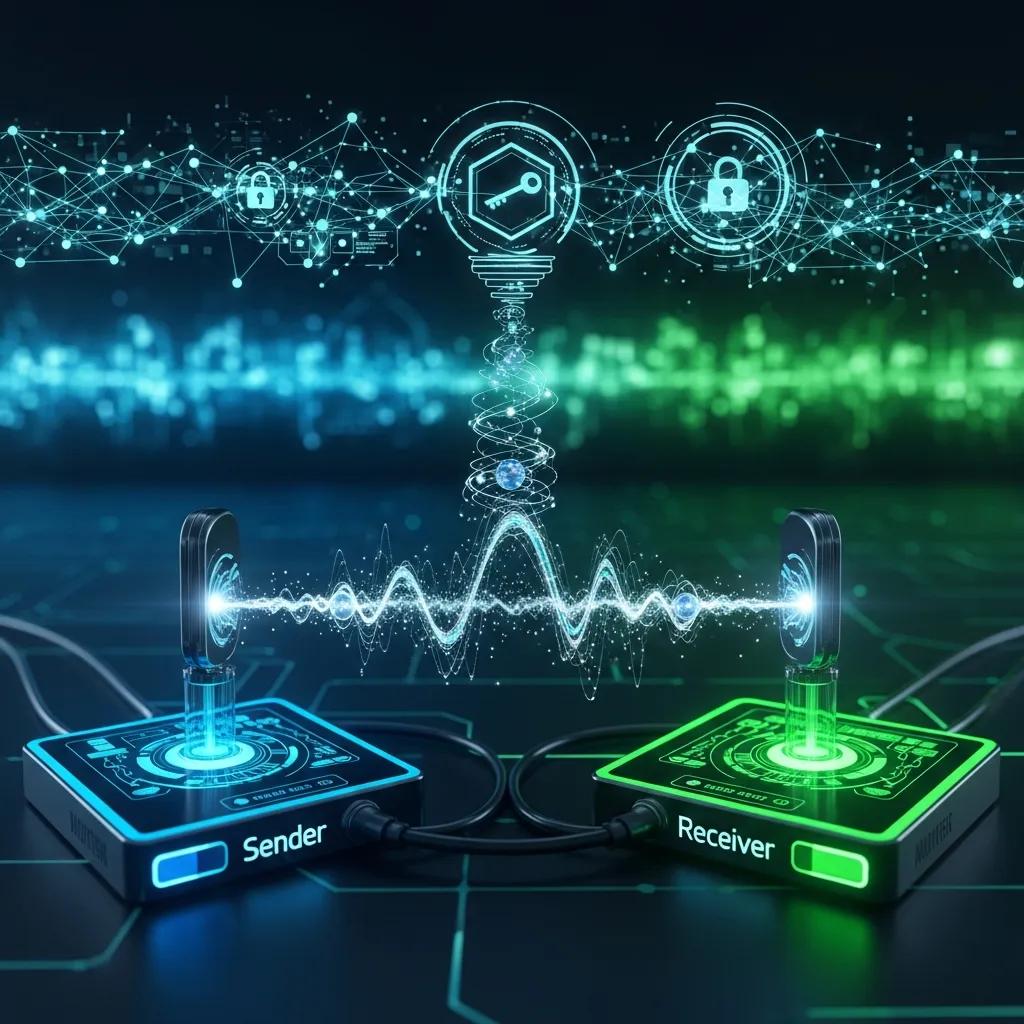 Visual of a secure communication setup illustrating quantum key exchange