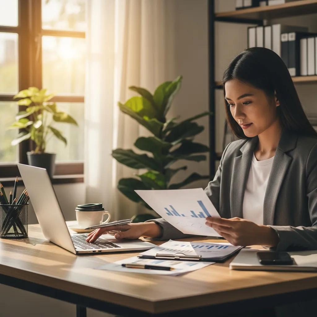 Small business owner reviewing financial documents in a cozy office setting