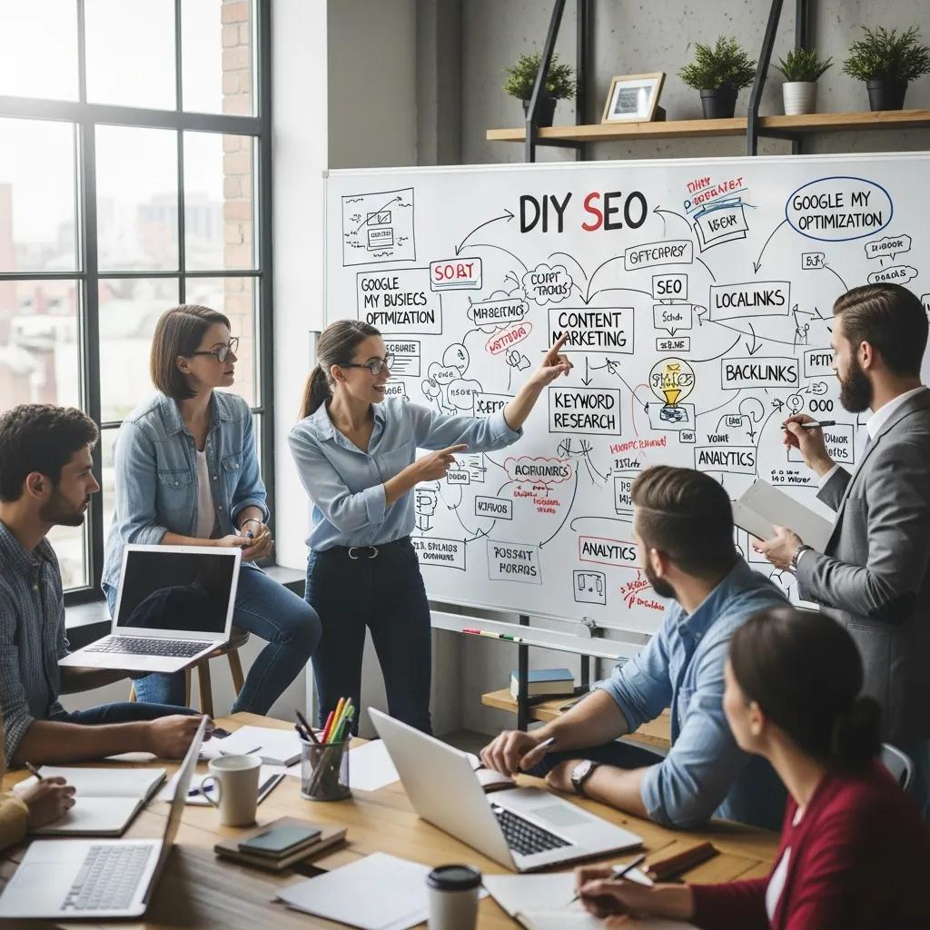 Small business team brainstorming DIY SEO strategies on a whiteboard