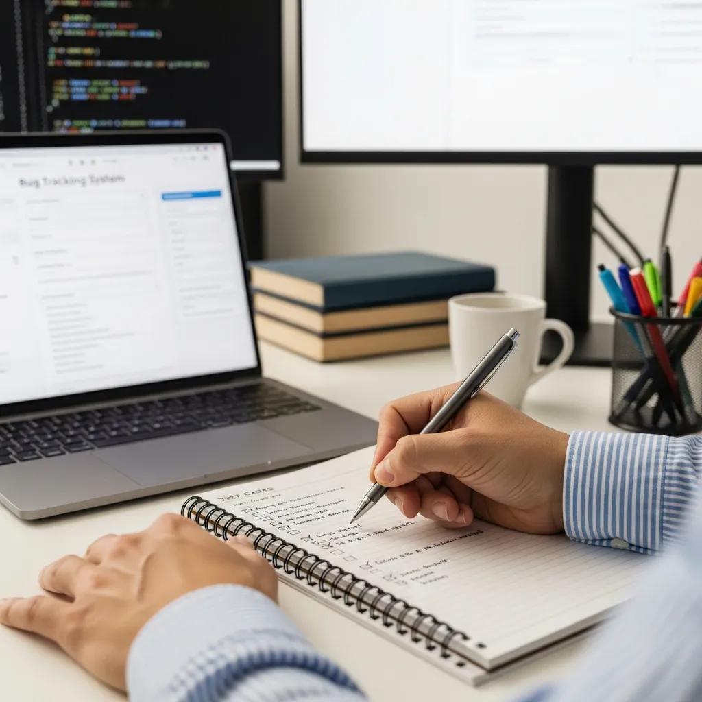 Software tester writing test cases in a well-organized workspace
