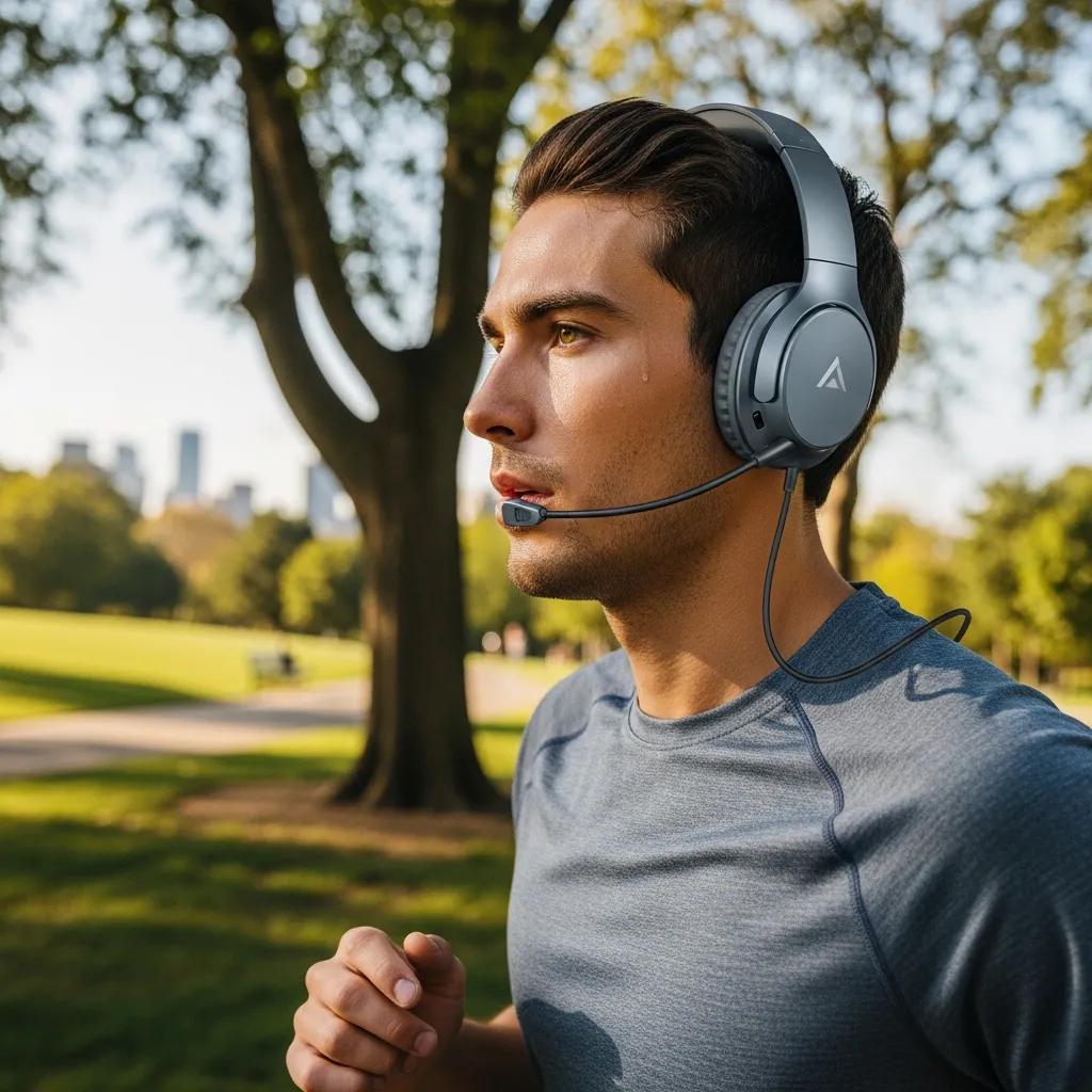 Sport headphones with microphone worn by a jogger in a park, emphasizing active lifestyle and product functionality