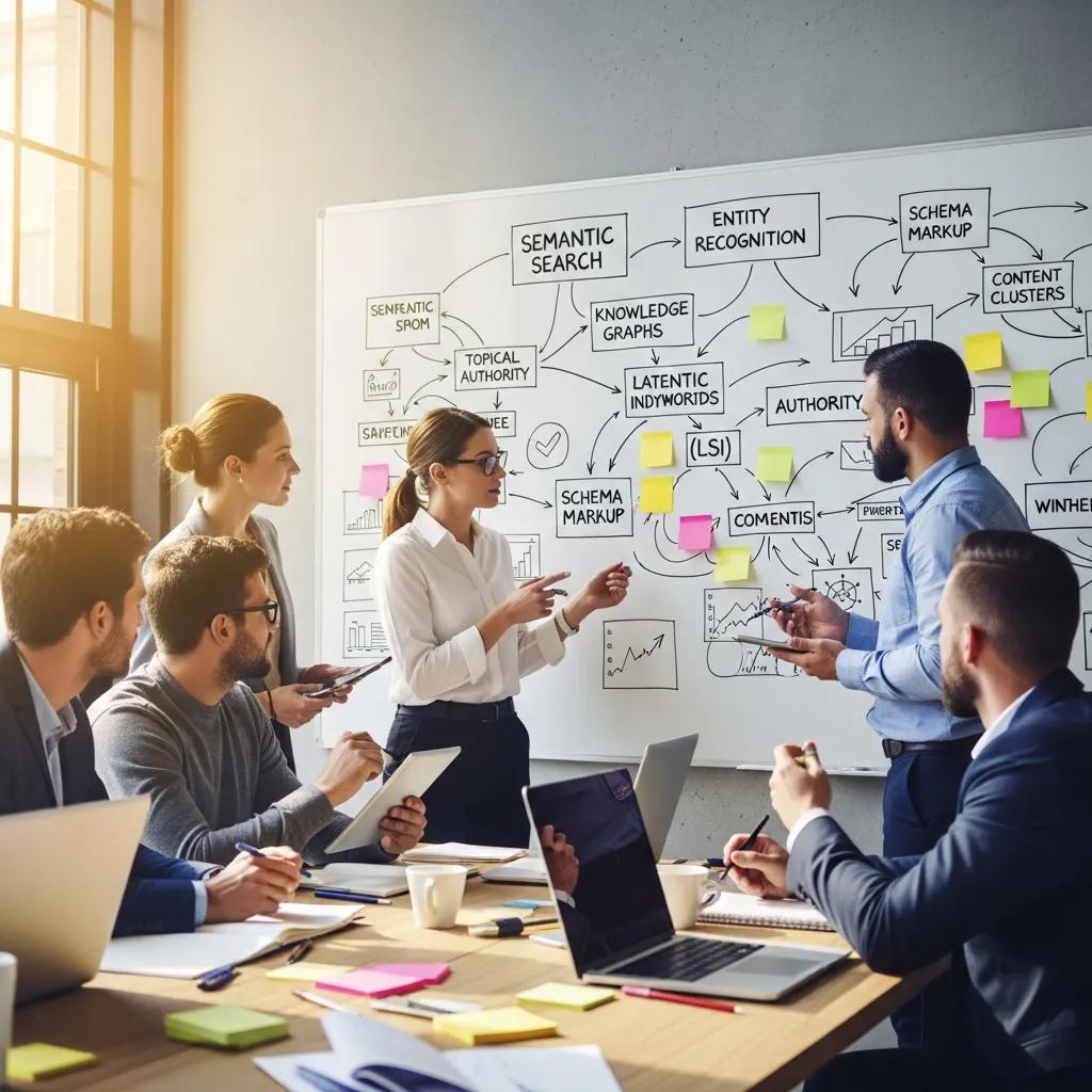 Team brainstorming semantic SEO tactics with diagrams and keywords on a whiteboard