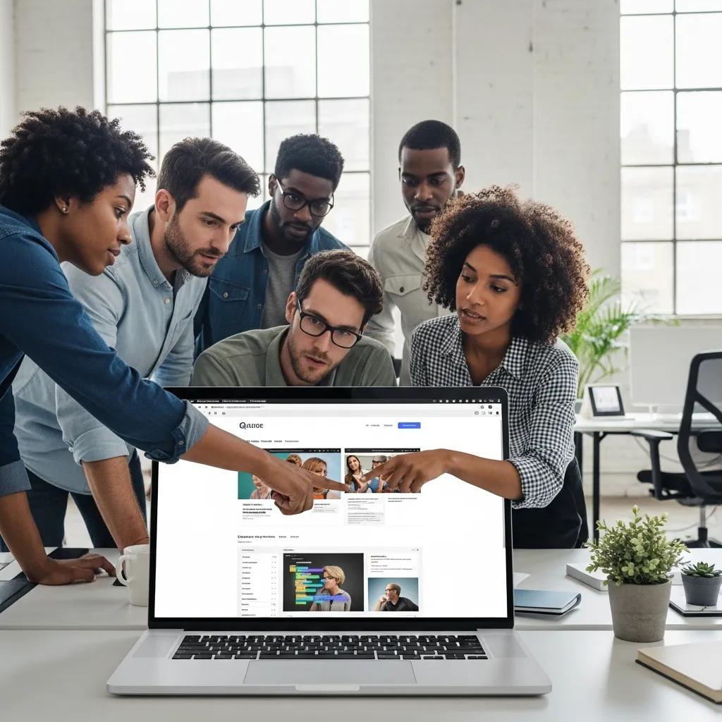 Team collaborating in a modern office reviewing website content in a staging environment