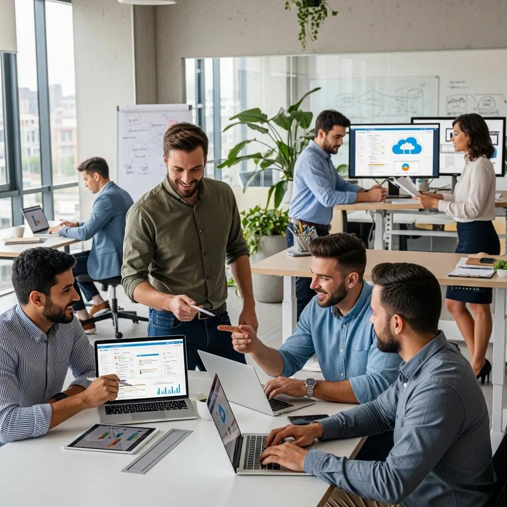 Team collaborating in a modern office using cloud technology