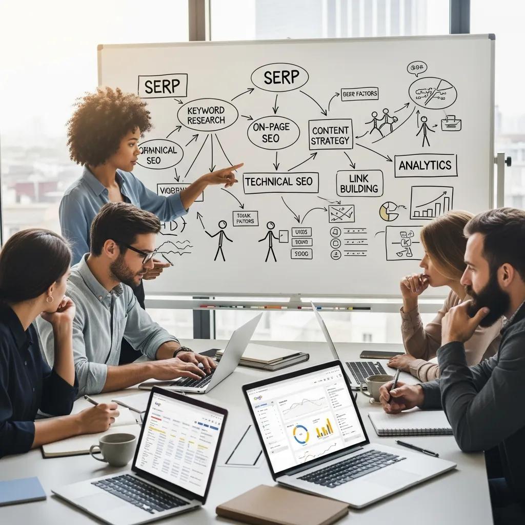 Team collaborating on a comprehensive SEO strategy with keywords and analytics in view