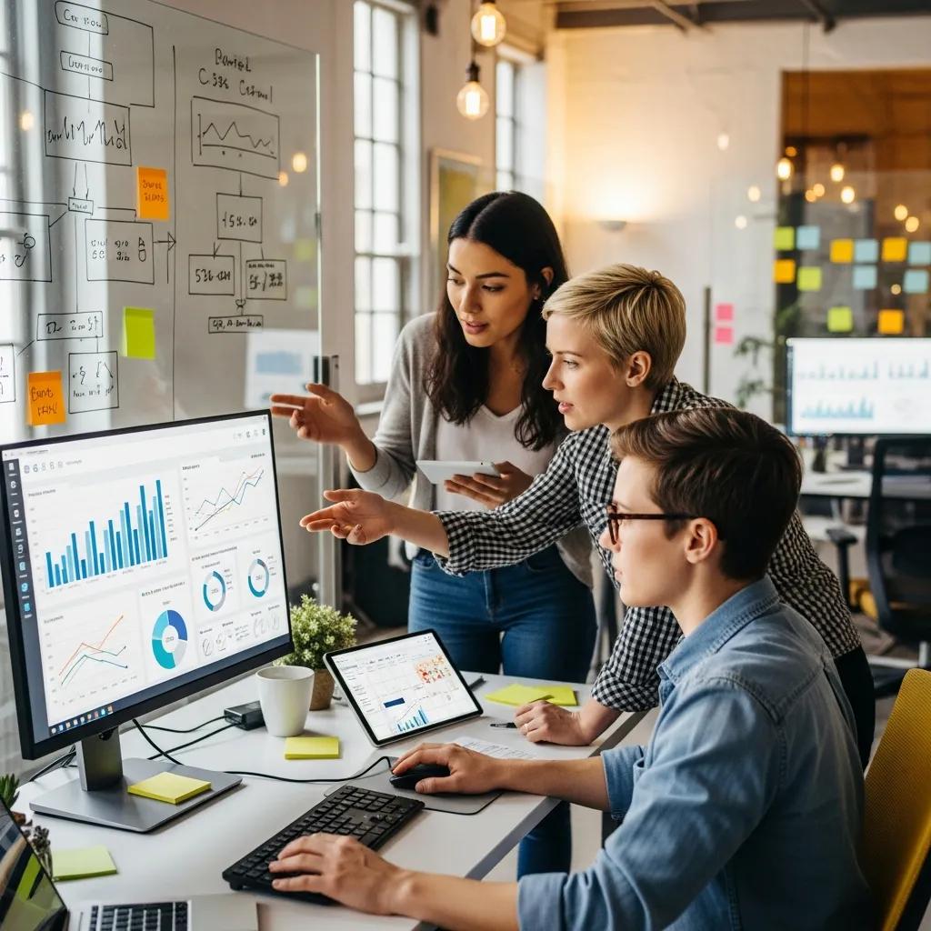 Team collaborating on content optimization strategies in a modern office environment