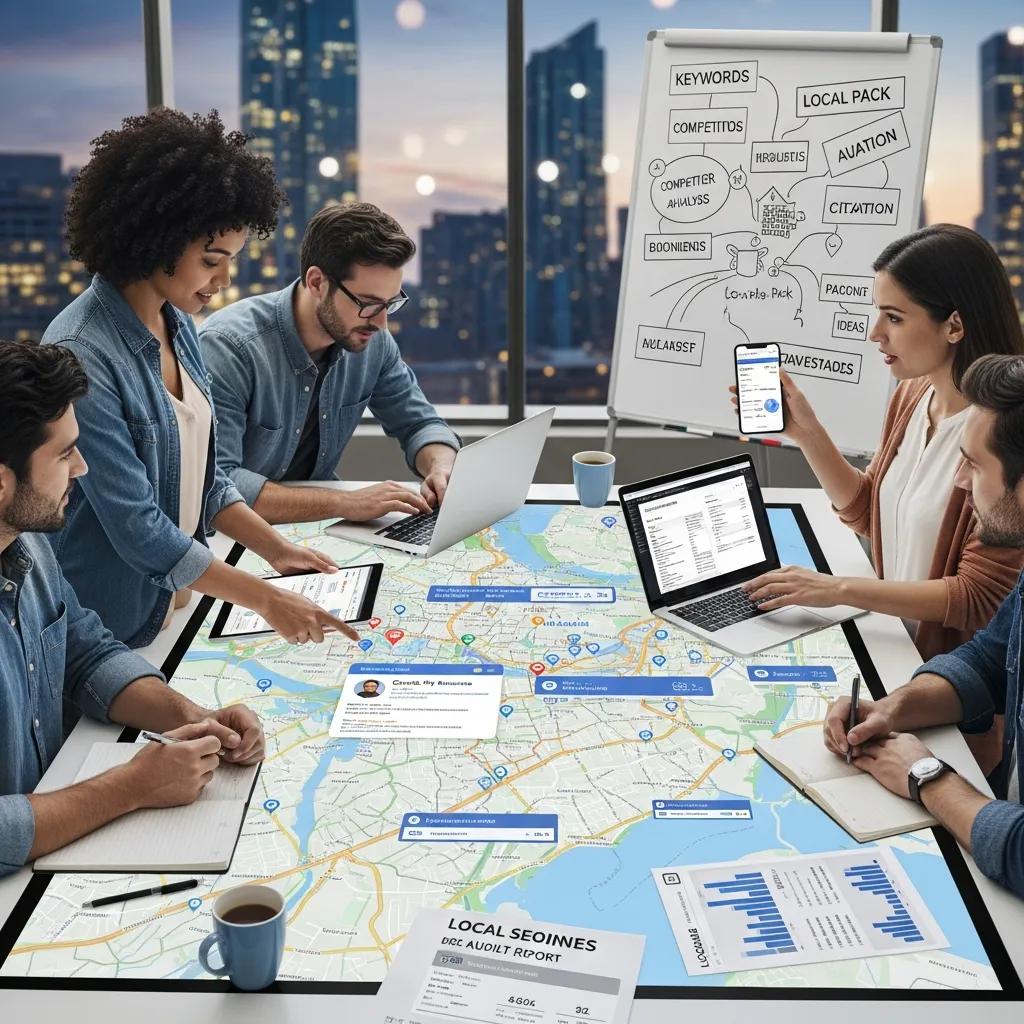 Team collaboration on local SEO strategies with maps and digital devices