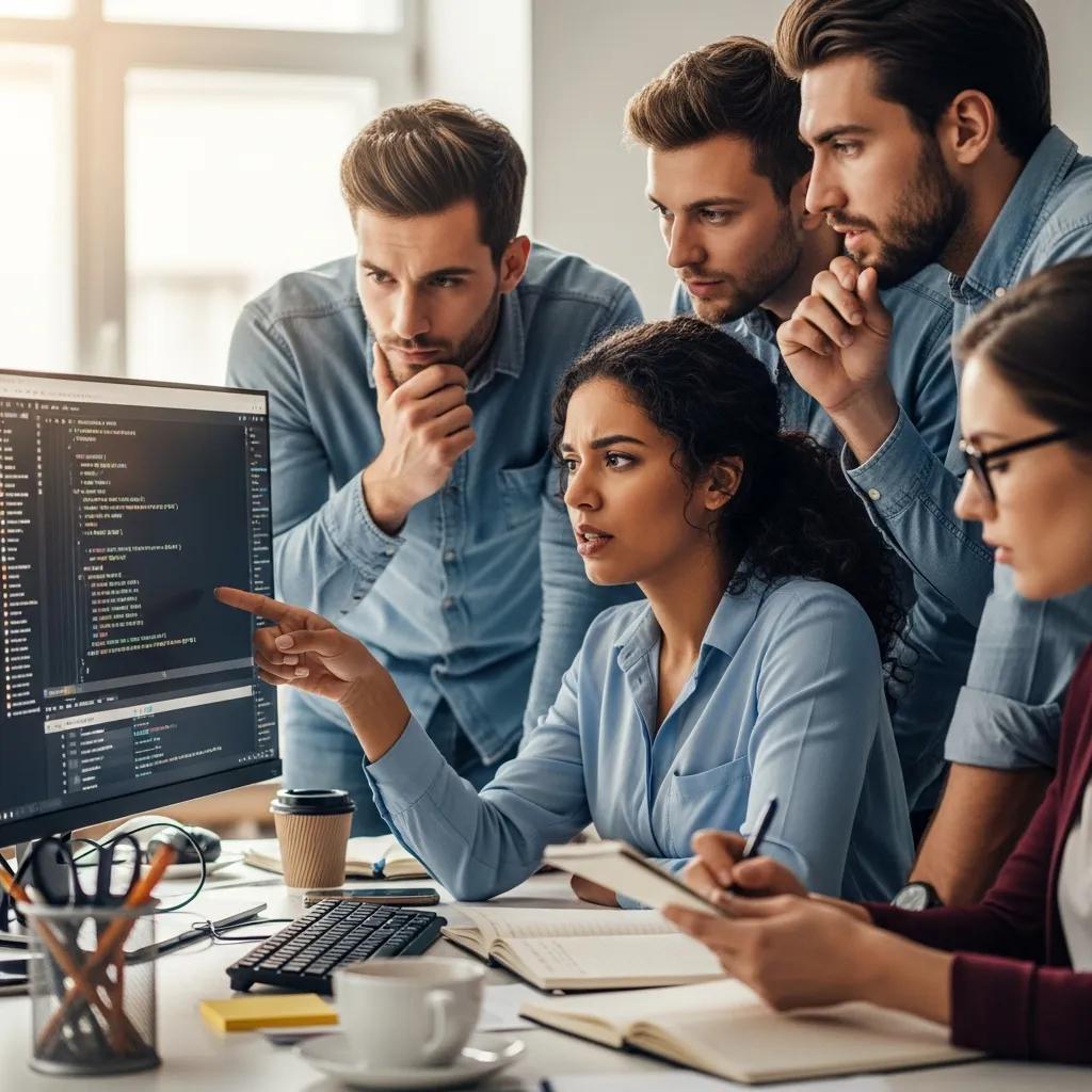 Team of software engineers collaborating on root cause analysis for software defects