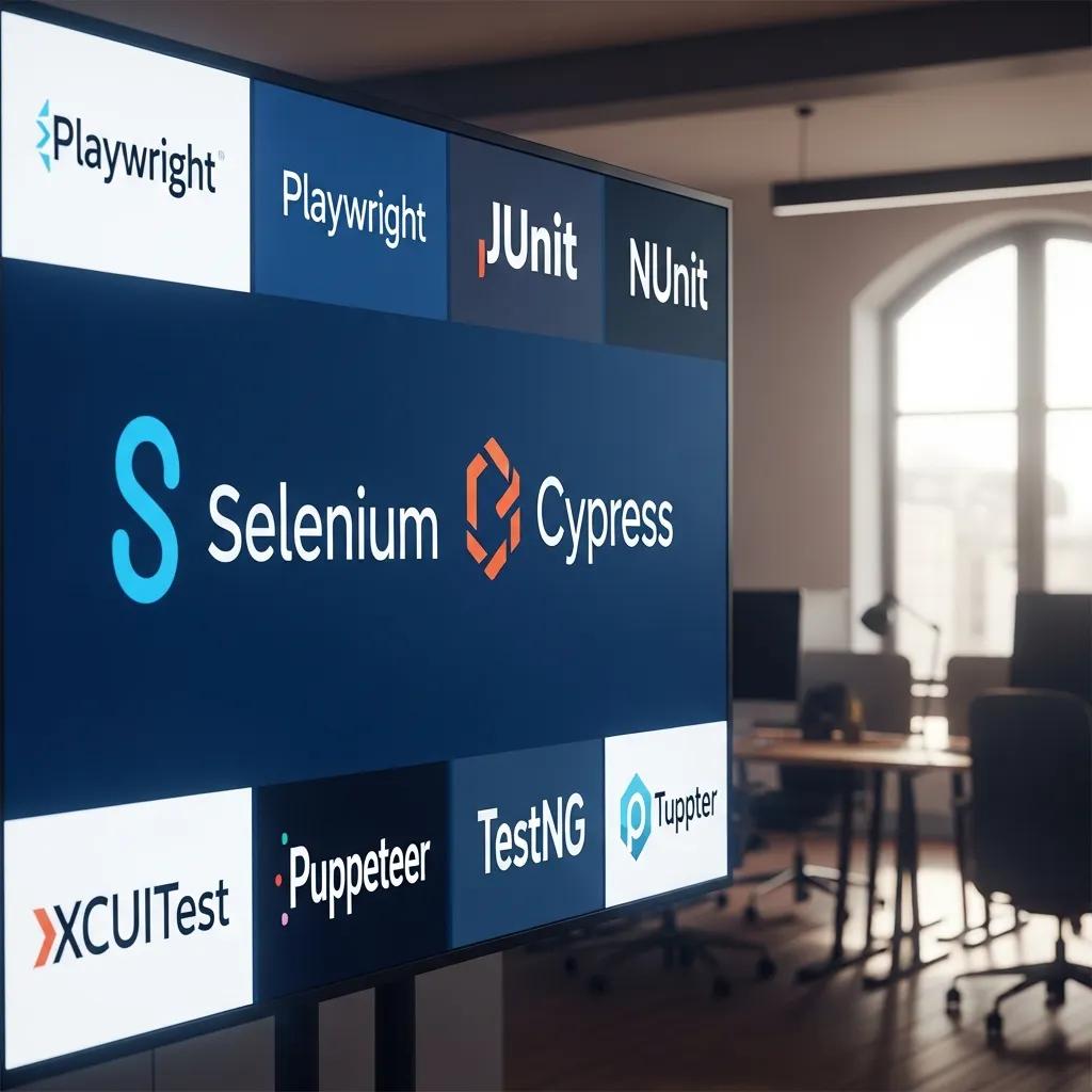 Various QA automation tools represented by logos on a digital screen in an office setting
