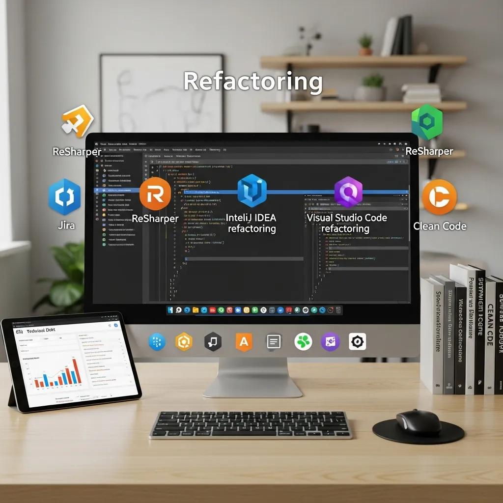 Various software tools for refactoring displayed on a desk, highlighting their importance in reducing technical debt